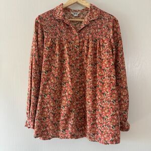 Hiyoshiya Womens Tokyo Japan Floral Long Sleeve Yoke‎ Pleated Pink Blouse Top